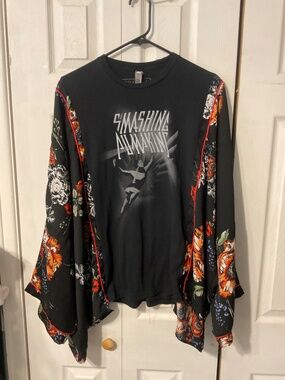 Smashing Pumpkins Upcycled Graphic T-Shirt with Flowy Floral Sleeves - OSFM
